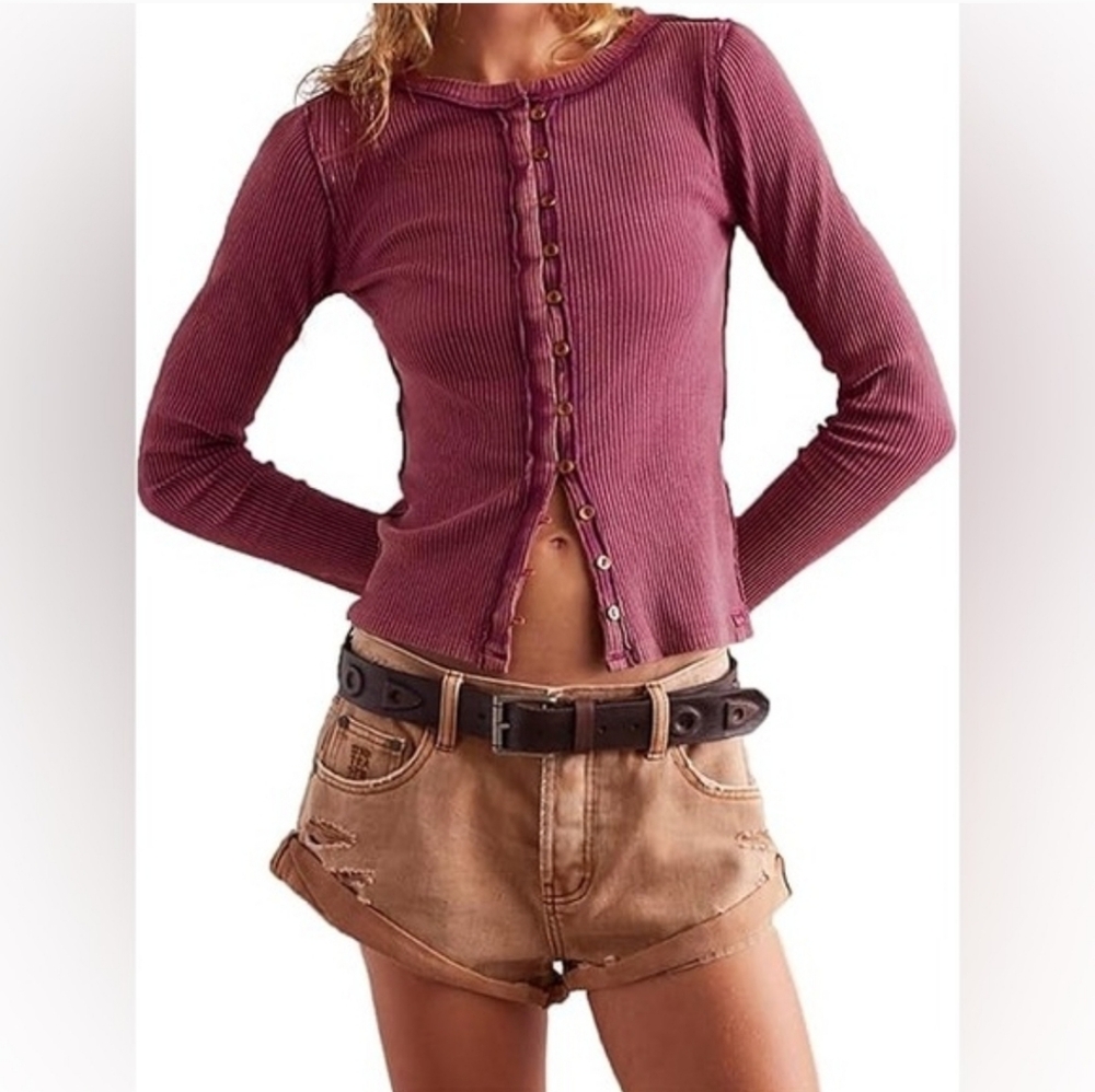 New Free People We The Free Ribbed Slim Cardigan Button Front Minimalist Y2K 90s - Picture 2 of 12
